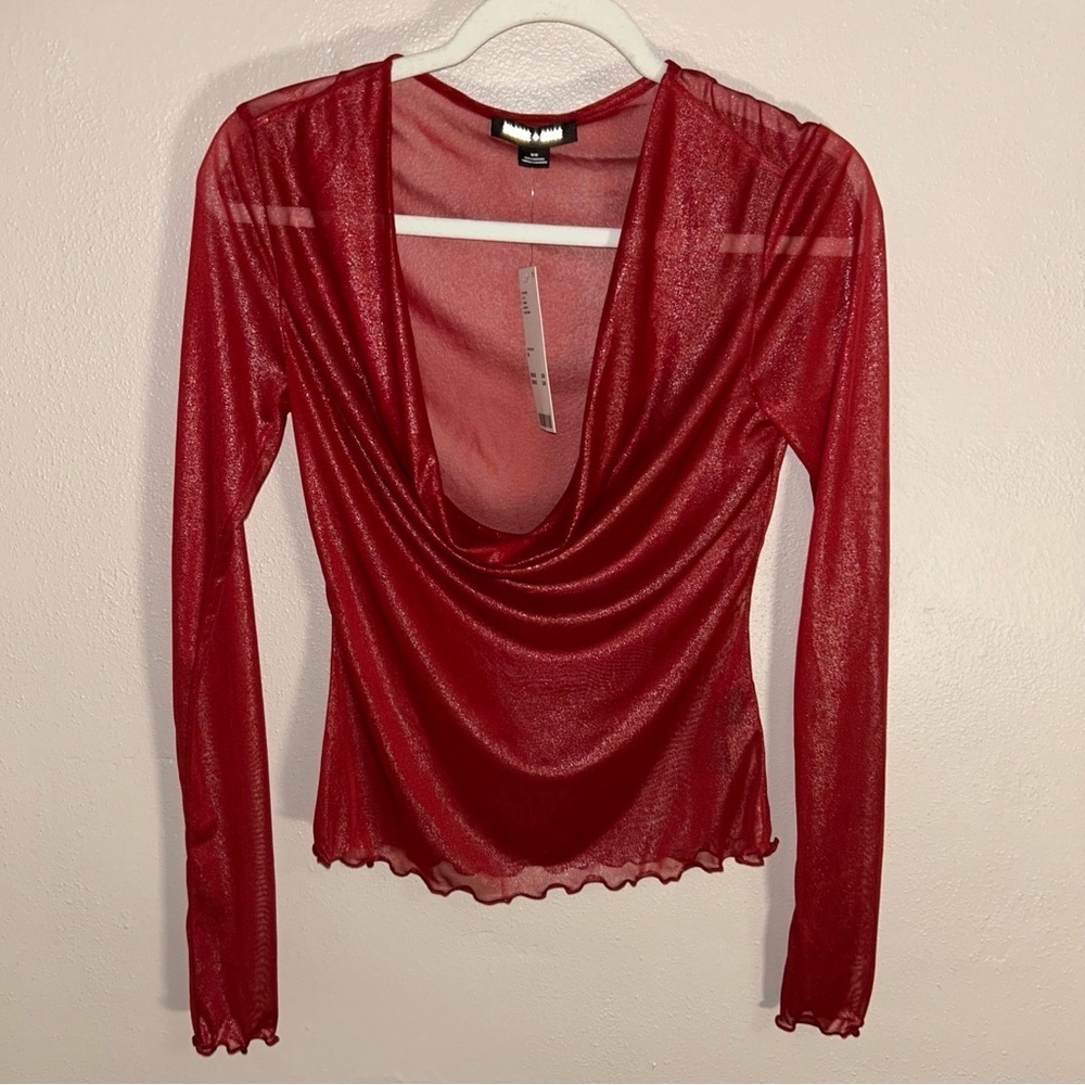 Silence + Noise Red Sheer mesh Drape gothic Blouse